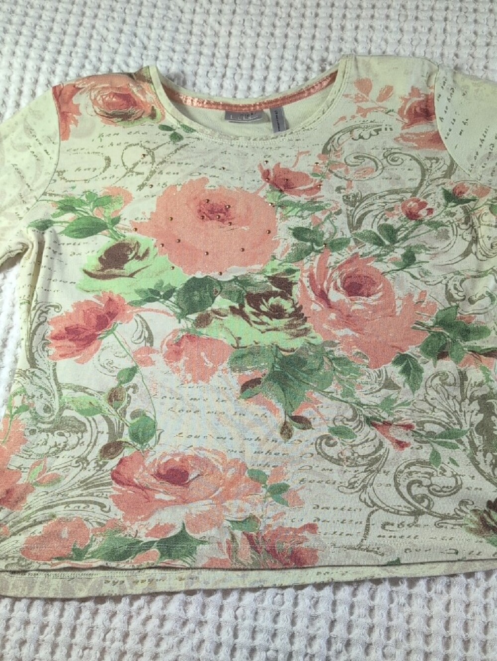 Nicole Miller Mint Green Floral Long Sleeve Tee with Pink Roses Size S